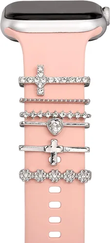 Miniatura 4 de 15 dijes de reloj con 12 trabillas decorativas para anillos, 3 tachuelas, accesorios de correa deslizante de diamante de metal compatibles con Apple