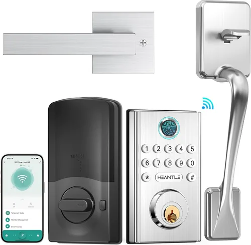 Juego de cerradura de puerta inteligente WiFi: cerrojo de entrada sin llave HEANTLE con asa, cerrojo de huella dactilar, teclado digital
