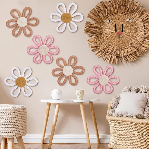 Zeyune 6 piezas de decoración de pared de margaritas bohemias tejidas en macramé, frontones de pared bohemios, margaritas florales, decoración para