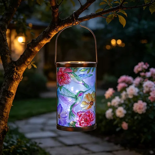 Miniatura 19 de Farol solar para exteriores, impermeable, colgante, luces solares de cristal de pájaro azul, faroles decorativos para exteriores, patio, césped