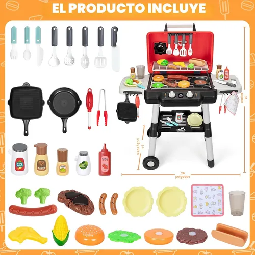 Miniatura 7 de Juguetes de cocina para niños, juego de barbacoa para niños con luz de sonido ahumado, juguete de barbacoa de 2 capas con ruedas, juguetes de comida