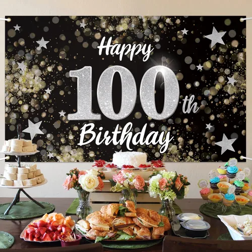 Miniatura 4 de Decoración de feliz cumpleaños número 100, cartel grande de fondo de cumpleaños con estrella de ensueño negro y plateado de 100 años, decoración