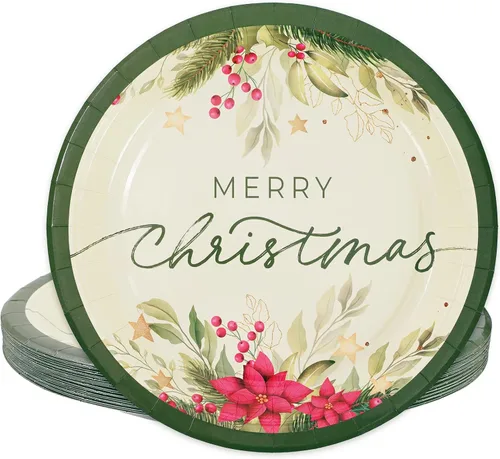 Whaline Platos de papel de Navidad, platos desechables de flor de pascua vintage de 9 pulgadas, vajilla decorativa de flores de Navidad para