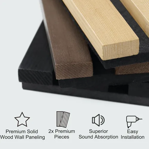 Miniatura 2 de ROOMTEC Paquete de 2 paneles acústicos de pared de madera maciza, paneles de pared insonorizados de 94.49 x 12.6 pulgadas, paneles de pared de Roble