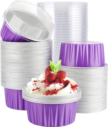 Miniatura 33 de EUSOAR Moldes de Papel de Aluminio para Hornear, 5oz 50 piezas Moldes Reutilizables para Cupcakes con Tapas, 3.34x2.59x2.35 pulgadas 125ml Moldes
