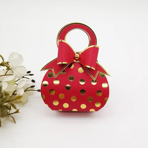Miniatura 3 de 50 bolsas de mano con lazo rojo y dorado con lunares de papel de aluminio dorado, cajas de dulces con lazo con asa para boda, cumpleaños, despedida