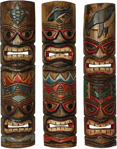 Miniatura 13 de Zeckos Juego de 2 máscaras de pared Tiki de madera tallada a mano, 39 pulgadas de alto, acabado envejecido pintado, esculturas de pared para sala