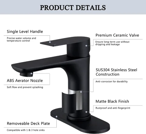Miniatura 6 de TONNY Grifo de baño negro mate, grifo de lavabo de baño de un solo orificio con drenaje desplegable y manguera de suministro de agua, grifos de baño