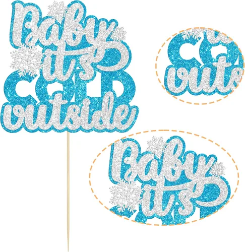 Miniatura 3 de 1 unidad de decoración de pastel de copo de nieve de "Bebé, hace frío afuera" con purpurina, decoración de pastel de baby shower de invierno