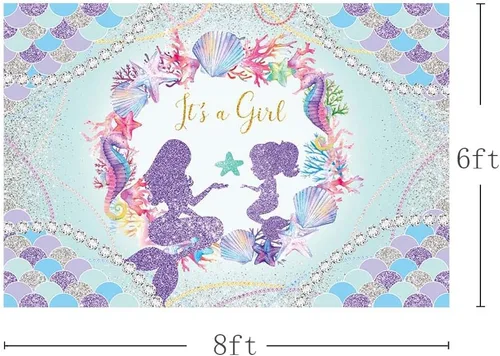 Miniatura 3 de MEHOFOND Telón de fondo para baby shower con tema de sirena de 8 x 6 pies para niñas, con texto en inglés "It's a Girl", fondo de fotografía de baby