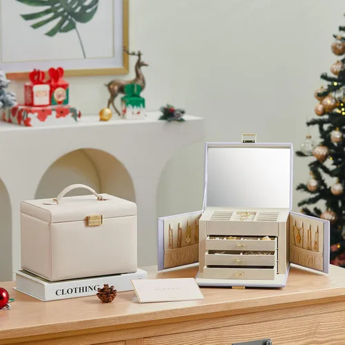 Miniatura 7 de Vlando Joyero de terciopelo para mujer, caja organizadora grande de cuero con cerradura, espejo, 3 cajones para collar, anillo y aretes, regalo