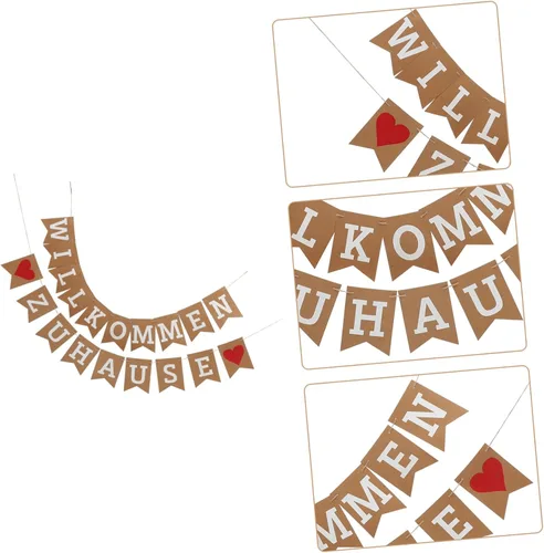Miniatura 9 de Amosfun Banner de bienvenida a casa con letra alemana WILLKOMMEN ZUHAUSE - Guirnalda de banderines rústica para reuniones familiares, accesorios