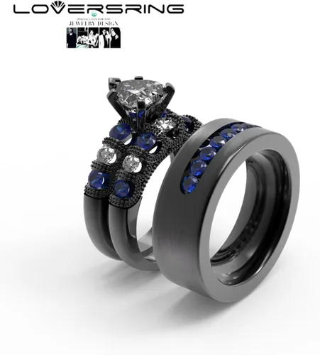 Miniatura 58 de Conjunto de dos anillos de boda para él y para ella, anillos para parejas. Anillos de compromiso para novia en acero inoxidable chapado en oro Blanco