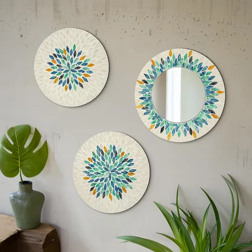 Miniatura 13 de Espejo de Madreperla Natural para Decoración de Pared para Dormitorio y Baño, 3 Piezas de Arte Geométrico de Pared Moderno para Casa y Oficina