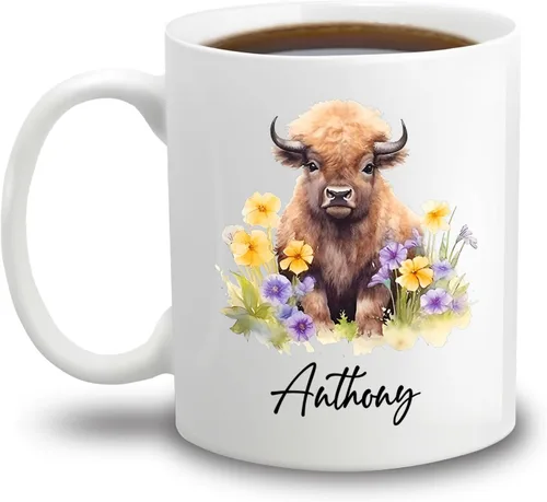 Taza de café de bisonte personalizada de 11 onzas y 15 onzas, taza de té blanca de bisonte bebé, regalos para niñas, niños, niñas, niños, mejores