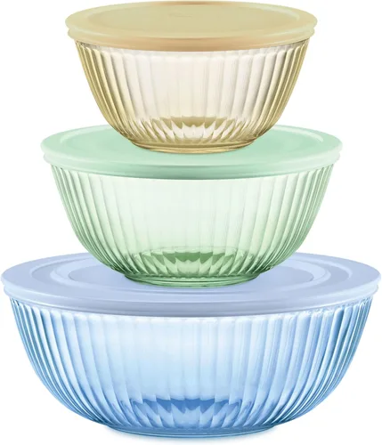 Miniatura 8 de Pyrex Colores Tintados (Paquete de 3, Juego Completo) Tazones de Mezcla de Vidrio Tintado Esculpido con Tapas, Juego de Tazones Anidables que