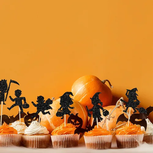 Miniatura 5 de Gyufise 24 adornos de Halloween para cupcakes con purpurina negra para dulce o truco de Halloween, decoraciones para baby shower, niños y niñas