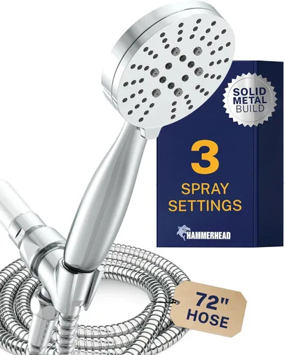 Miniatura 11 de HammerHead Showers Solid Metal 3-Spray Handheld Shower Head with Long Hose and Holder, High Pressure, Wide/Massage/Mist Sprays, Brushed Nickel, 1.75