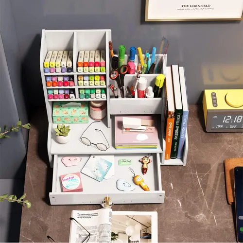 Miniatura 3 de Hggzeg Organizador de escritorio para bolígrafos, organizador de papelería con cajones y 2 soportes para archivos, almacenamiento de suministros