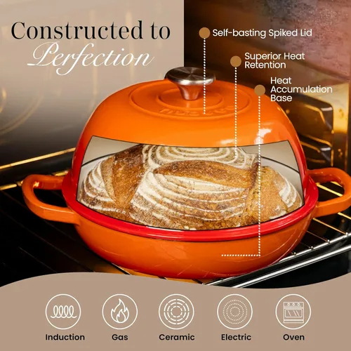 Miniatura 5 de Olla de horno holandés de hierro fundido esmaltado – Olla de horno holandés para hornear pan de masa madre – Olla de pan de hierro fundido – Naranja