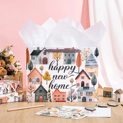 Miniatura 4 de WRAPAHOLIC Bolsa de regalo de 13 pulgadas con tarjeta y papel de seda, bolsas de papel de diseño Greeny House para inauguración de la casa, regalo