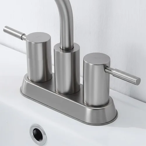 Miniatura 6 de IKEBANA Grifo de baño de níquel cepillado, grifos de lavabo de baño de 2 asas tipo centerset, boquilla giratoria de arco alto de 360°, moderno grifo