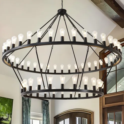 Miniatura 9 de Candelabro negro de 48 pulgadas con rueda de vagón, 2 niveles y 40 luces, estilo granja, industrial, redondo, de techo alto, cadena ajustable