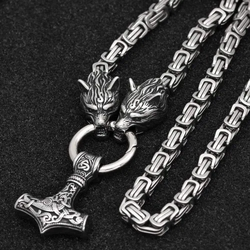 Miniatura 3 de GuoShuang Collar con colgante de cabeza de lobo con Thor Mjolnir Acero Inoxidable - Cadena King