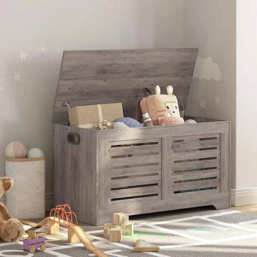 Miniatura 5 de DINZI LVJ Cofre de almacenamiento, caja de juguetes de madera de 39.4” con 2 bisagras de seguridad, banco de almacenamiento de zapatos retro