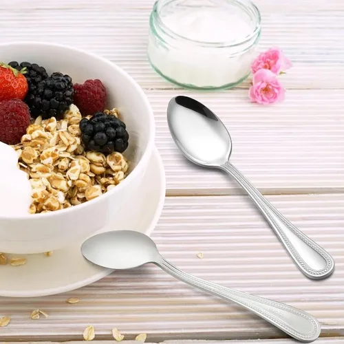 Miniatura 6 de E-far Juego de 12 cucharaditas de acero inoxidable con borde perlado de 6.7 pulgadas, cucharas de té de postre pequeñas para el hogar, cocina