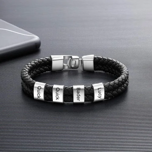 Miniatura 3 de Pulseras de cuero personalizadas para hombre, pulsera con nombre para papá, grabado gratuito, cuentas de nombre de familia, pulseras