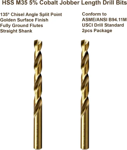 Miniatura 2 de MAXTOOL 27/64 pulgadas, 2 piezas idénticas Jobber longitud taladros HSS M35 Twist Drill Bits 5% cobalto totalmente molido dorado recto taladros