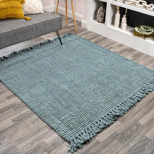 Miniatura 14 de JONATHAN Y Alfombra de yute tejida a mano con borlas color azul claro/gris, 5x8, Pata, estilo bohemio, rústico, de cabaña, fácil de limpiar