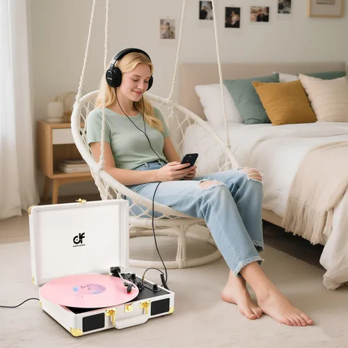 Miniatura 4 de Tocadiscos de vinilo Bluetooth, tocadiscos portátil vintage de 3 velocidades con 2 altavoces integrados, grabación USB, tocadiscos para Blanco
