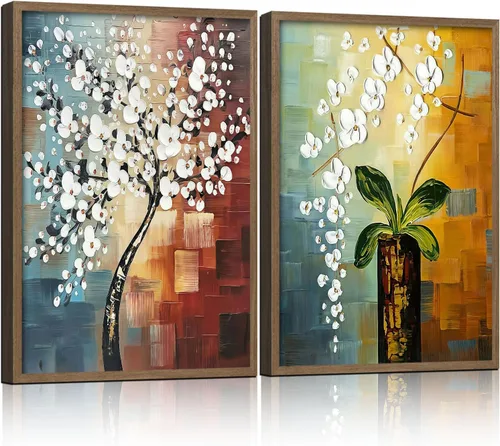 Arte de Lienzo Enmarcado de 2 Piezas Impresiones Morning Glory Flores Blancas Abstractas Modernas Estilo Pintura al Óleo Póster Floral de Galería