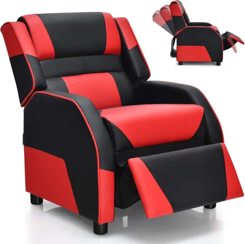 Giantex Silla reclinable para niños, silla reclinable para juegos con reposapiés, reposacabezas y soporte lumbar, silla ergonómica de cuero para Rojo