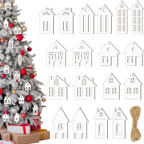 18 piezas de adornos de casa de madera de Navidad recortados para árbol de Navidad, etiqueta de madera para colgar, decoración doble cara, madera de