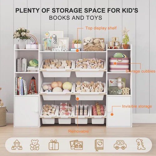 Miniatura 5 de Organizador de almacenamiento de juguetes con 8 cubos de juguetes, organizadores de juguetes para niños y almacenamiento con estante, estantería