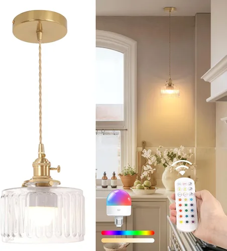 Miniatura 17 de Shenmoyl Lámpara colgante con pantalla de vidrio transparente a rayas, luz colgante vintage de latón, luz colgante ajustable para cocina, isla