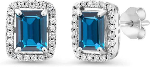 Miniatura 44 de Gem Stone King Aretes de plata de ley 925 con piedra natal Corte esmeralda de 0.315 x 0.236 in Aretes de halo para mujer