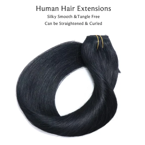 Miniatura 2 de Extensiones de cabello con clip Ubetta de cabello humano real, extensiones de cabello negro azabache con clip, 7 piezas, 70 g, extensiones