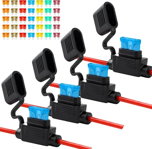 Cooclensportey Paquete de 4 portafusibles en línea de 12 AWG, portafusibles impermeable con 35 fusibles estándar (5 de cada uno: 5A, 7.5A, 10A, 15A,