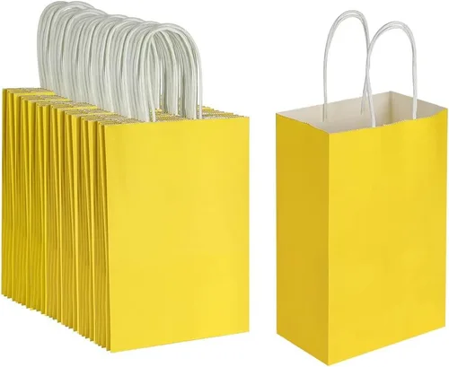 Oikss Paquete de 100 bolsas pequeñas de papel kraft amarillas de 5.25 x 3.25 x 8.25 pulgadas con asas a granel para cumpleaños, bodas, fiestas,