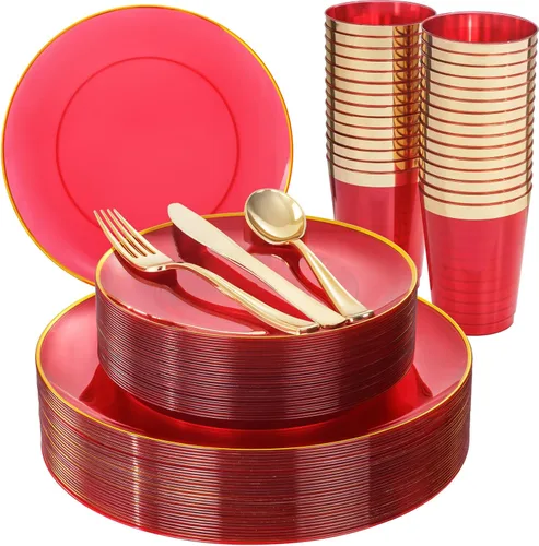Miniatura 11 de LIYH - Juego de vajilla de plástico desechable de 180 piezas, color blanco y dorado, cubiertos de plástico dorados, platos desechables resistentes