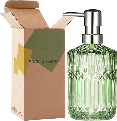 Miniatura 7 de Diamond Design - Dispensador de jabón de vidrio verde de 12 onzas, dispensador de jabón de loción recargable para baño, cocina, jabón de manos