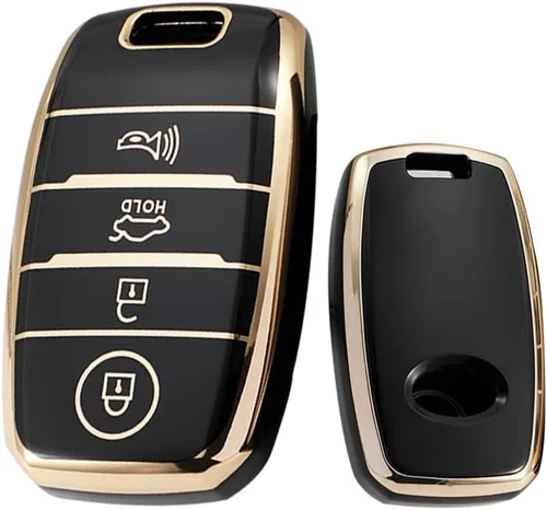 SANRILY Funda de TPU con borde dorado para llavero Kia con 4 botones para Forte Koup NIRO Optima Rio Sorento Soul Sportage sin llave, soporte para