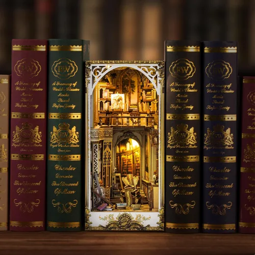 Miniatura 7 de Kit de rincón de libros de bricolaje, diorama de sujetalibros con LED, rompecabezas de madera 3D, kits de casa en miniatura para bricolaje