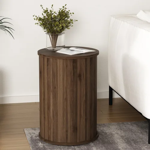 Miniatura 6 de Mesa auxiliar redonda acanalada para sala de estar, moderna mesa auxiliar de madera para sofás y espacios pequeños, mesa de noche de 21.9 pulgadas