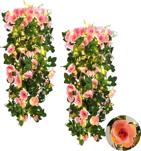 RECUTMS Flores Colgantes Artificiales de Rosa 2 Piezas 1 Metro para Exteriores con 30 Luces de Hadas LED en Forma de Cadena Falsa para Exteriores