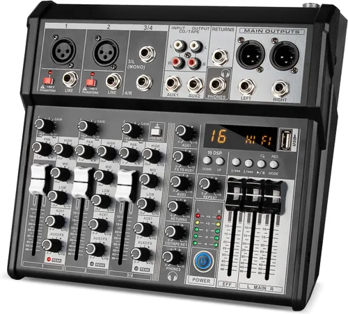 Depusheng Mezclador de Audio Profesional, Sistema de Consola de Mezcla de Tablero de Sonido de Interfaz de Audio de 4 Canales, Mezclador DJ